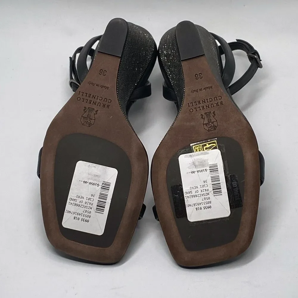 Brunello Cucinelli Monili Embellished Strappy Wedge Leather Sandals size 36
